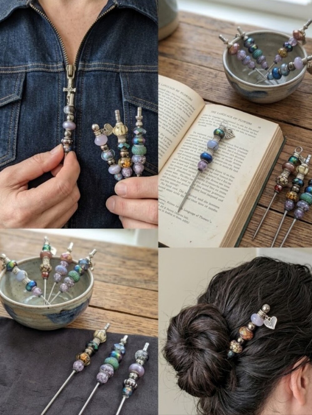 7pc Upcycled Charm Hair Pins Bookmark Picks Set (5.5") Beaded Hair Sticks Boho